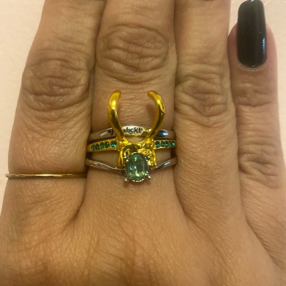 Loki rings 3 pc set new green silver gold rhinestone love Loki horns - Picture 14 of 14